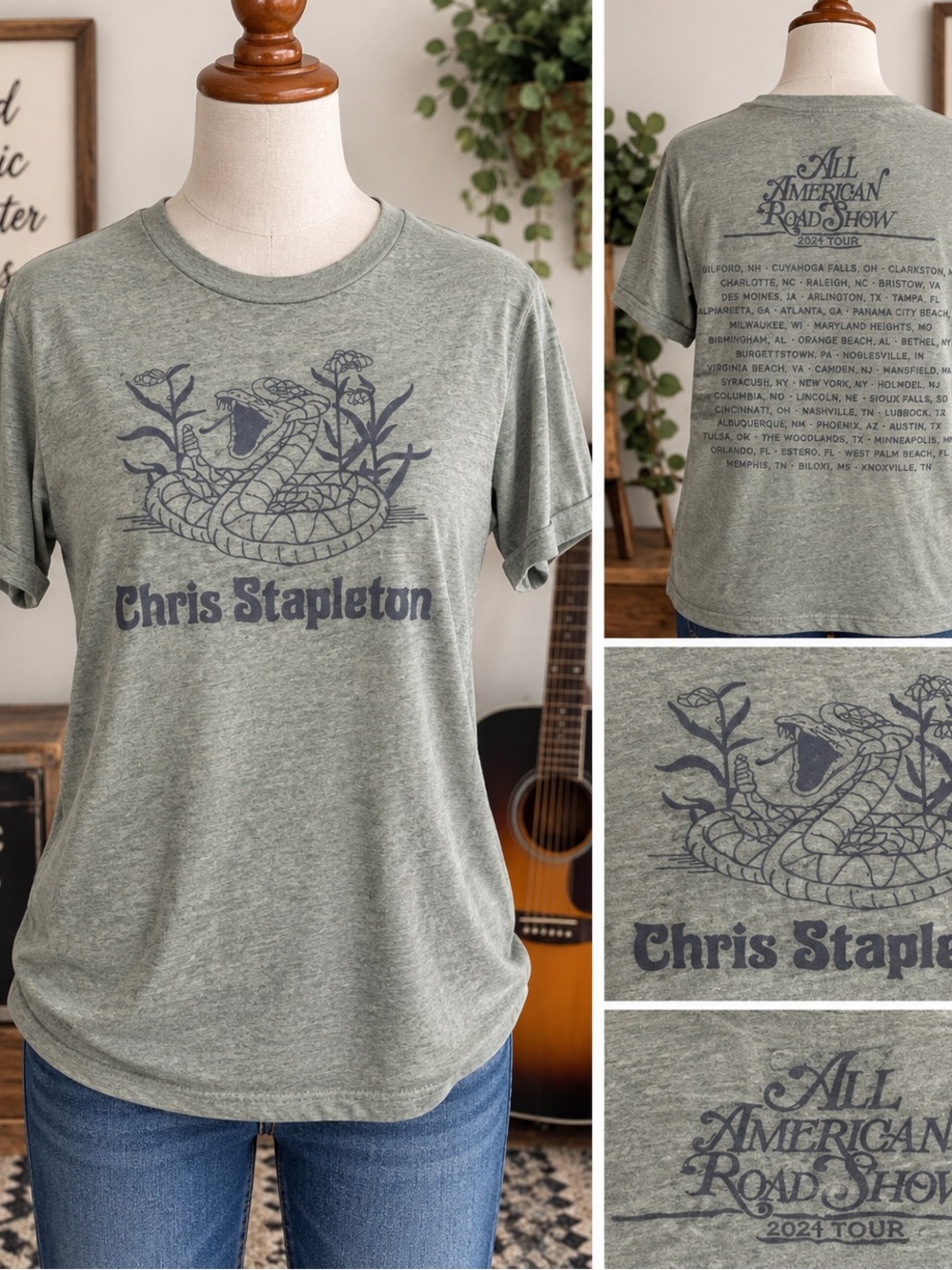 Chris Stapleton Concert Tee Olive Green Graphic Short Sleeve